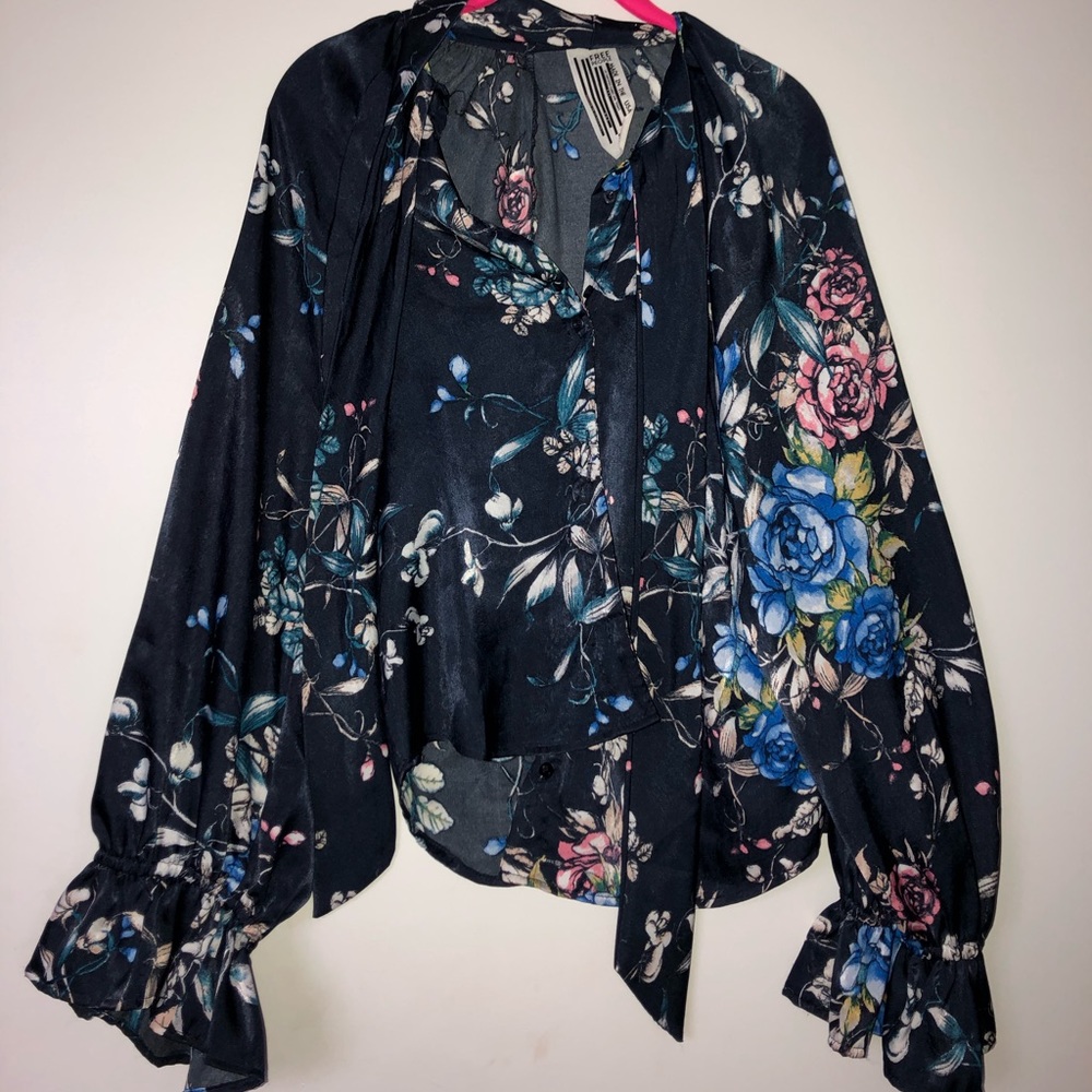 Floral, navy blue and silky blouse, free people